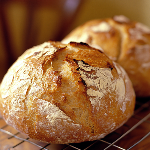 Golden-brown rustic bread loaves on wooden table