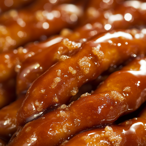 Golden-brown toffee-coated mini pretzel twists pile
