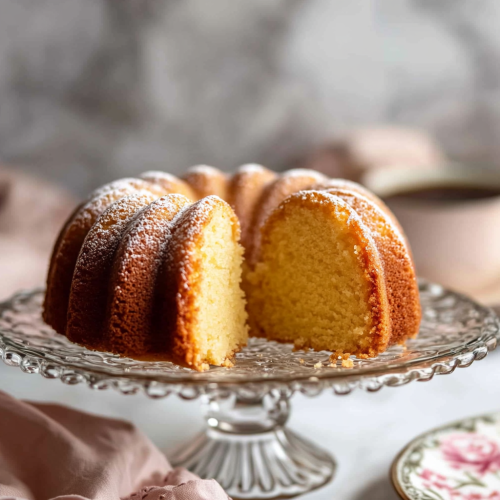 Golden bundt cake slice on floral plate, coffee ambiance