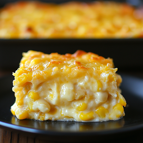 Golden corn casserole with melted cheese slice