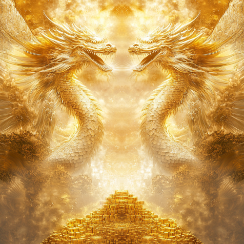 Golden dragons roaring in mirrored symmetry with treasure