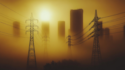 Golden fog surrounds city with power lines