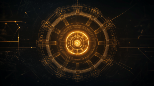 Golden glow enhances black dharma wheel with technology