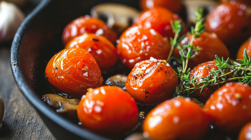 Golden sautéed cherry tomatoes in rustic skillet