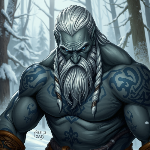 Goliath Warrior in Snowy Forest, Fantasy Art