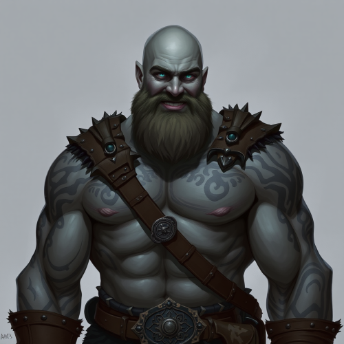 Goliath the muscular barbarian with bright blue eyes.