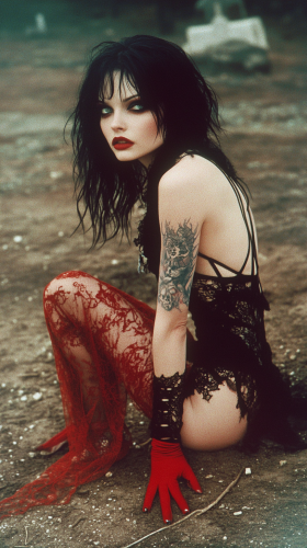 Goth girl with tattoos crawls in cemetery