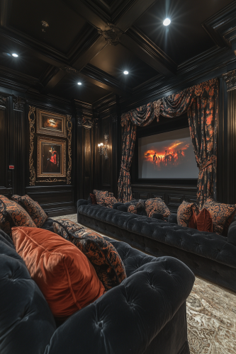 Gothic home theater with vintage decor and plush seating