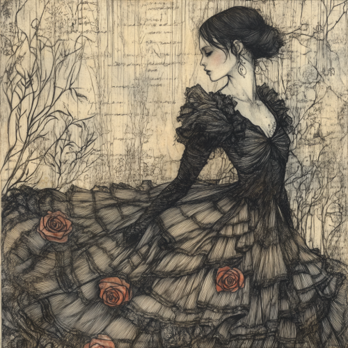 Gothic illustration of graceful, melancholic figure in ruffles