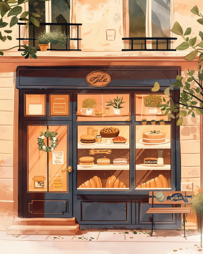 Gouache illustration of Parisian bakery with pastries in window.