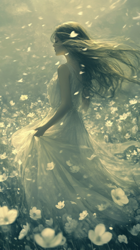 Graceful Woman in Field of Flowers Harmonizing with Nature