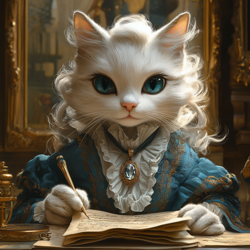 Graceful white cat, crystal pendant, historical documents, 18th century