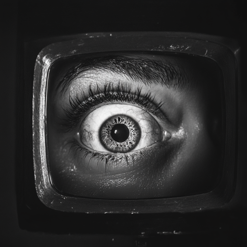 Grainy black and white eye with terrified expression.
