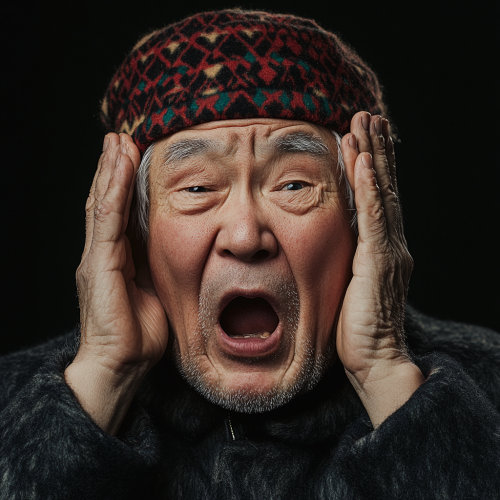 Grandfather in Forte Bank hat covers ears dramatically