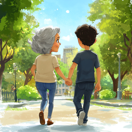 Grandma and grandson happily holding hands in park stroll.