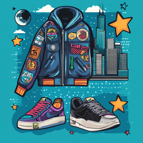 Graphic design with Chicago theme, colorful patches, sneakers.