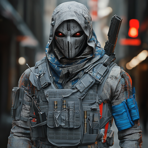 Gray masked man in steel armor on dark street.