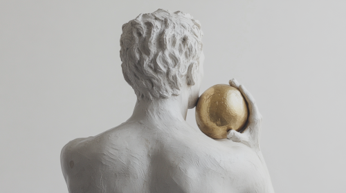 Greek Man hides golden apple in white statue