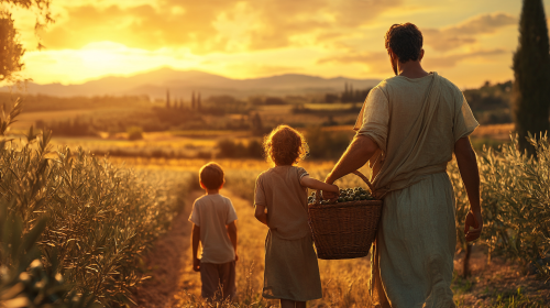 Greek hoplite working on family farm at sunset. Greek hoplite working on family farm at sunset.