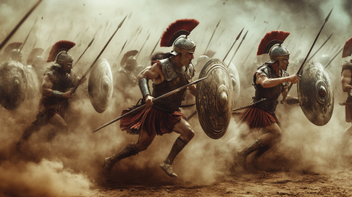 Greek hoplites charging, spears raised, shields forward, chaotic battle.