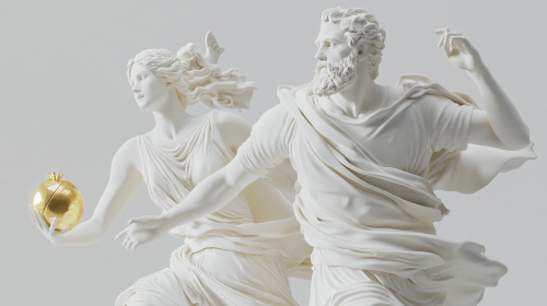 Greek man and woman run with golden apple