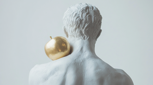 Greek man hides golden apple in white background statue