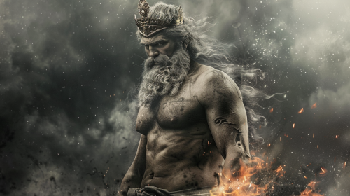 Greek philosopher with strong body and crown. surrounded flames.