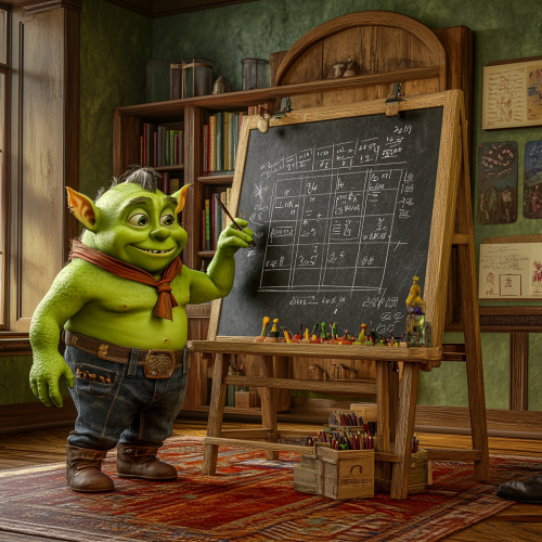 Green Orc Child Teacher Calculating on Blackboard 3D Render
