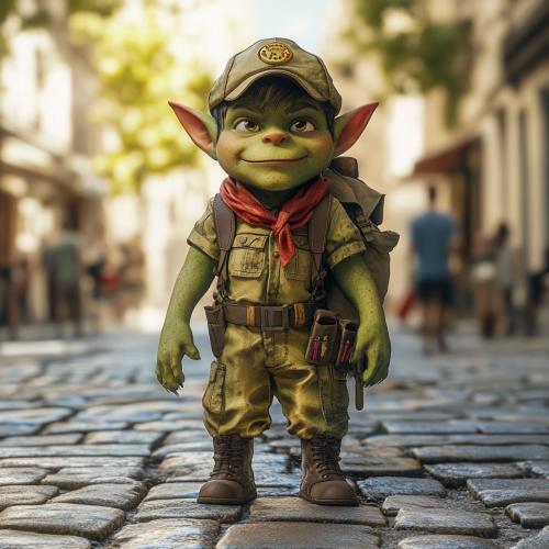 Green orc child in Boy Scout outfit, Pixar 3D render  Green orc child in Boy Scout outfit, Pixar 3D render