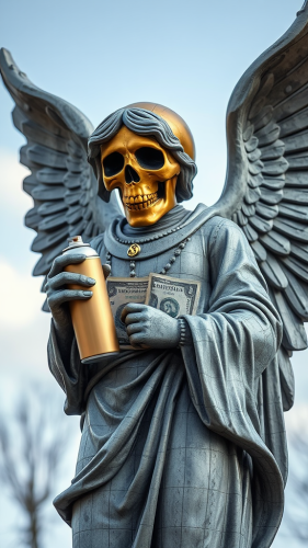 Grey Angel Statue with Gold Skull Spray Can