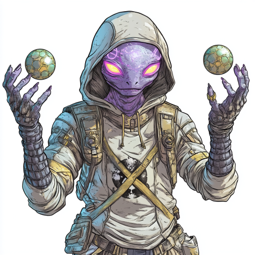 Grey alien in armor with X symbol, levitating spheres.