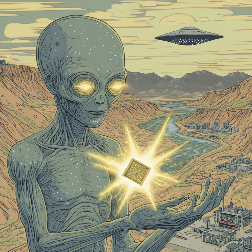 Grey alien with glowing microchip, UFO, rivers scene