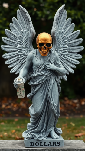 Grey angel statue with gold skull and wings.
