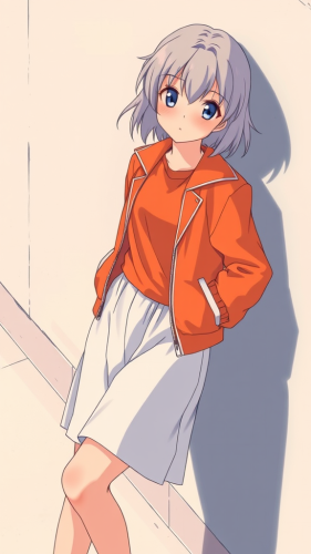 Grey-haired girl leaning against wall in retro style.