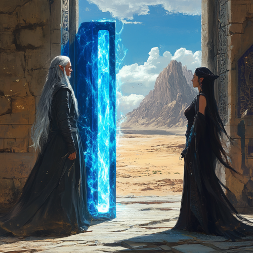 Grey-haired wizard faces queen by magical portal to desert.