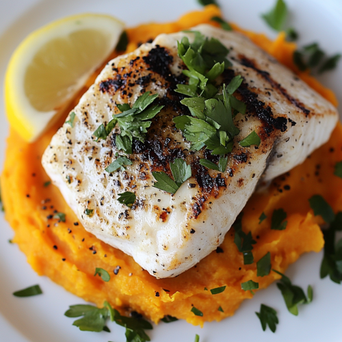 Grilled white fish with sweet potato mash and herbs