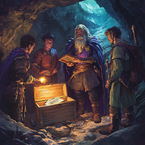 Group of adventurers in cave with discovered tablet.