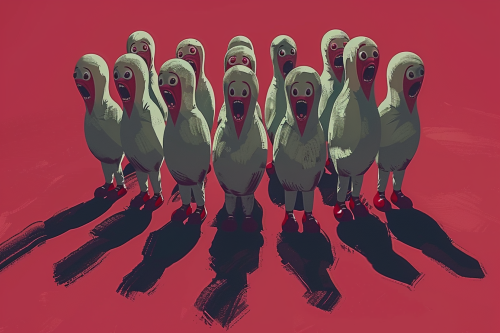 Group of children in bowling pin costumes, horrified faces.