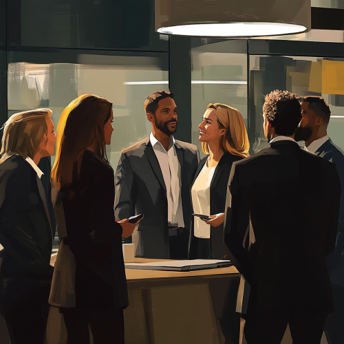 Group of coworkers have a warm conversation in office