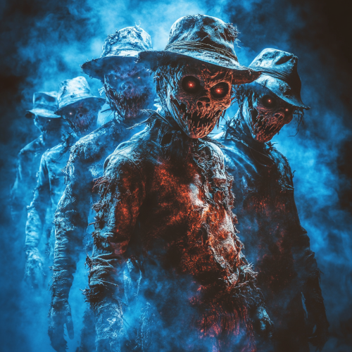 Group of menacing Freddy Krugers in eerie composition.