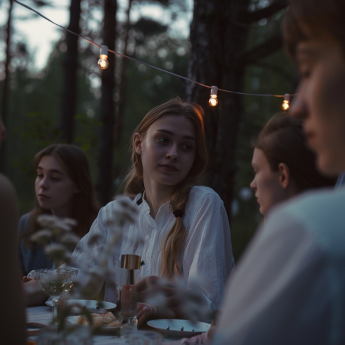 Guests dining peacefully in forest at sunset