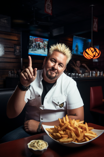 Guy Fieri in Chef Whites with Nacho Gesture 