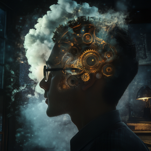 Guy with glasses and gears in head at night