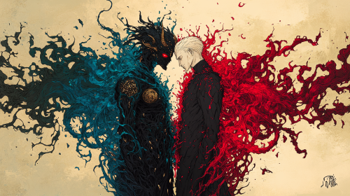 Half angel half demon in ornate suit, tentacles, vines