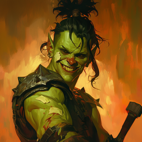 Half orc male with lightning bolt tattoo smiles wearing armor