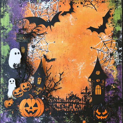 Halloween scrapbook with spooky elements and playful colors.