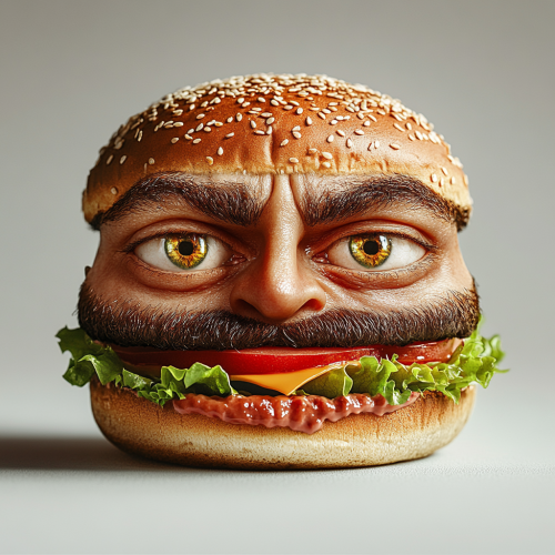 Hamburger with human face featuring expressive eyes.