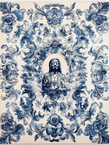 Hand-painted blue and white tile with snoop dog.