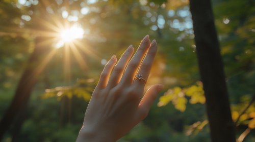 Hand with fantasy ring in forest, premium jewelry photography.