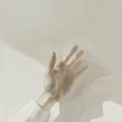 Hand with raised fingers in soft light, minimalist aesthetic.